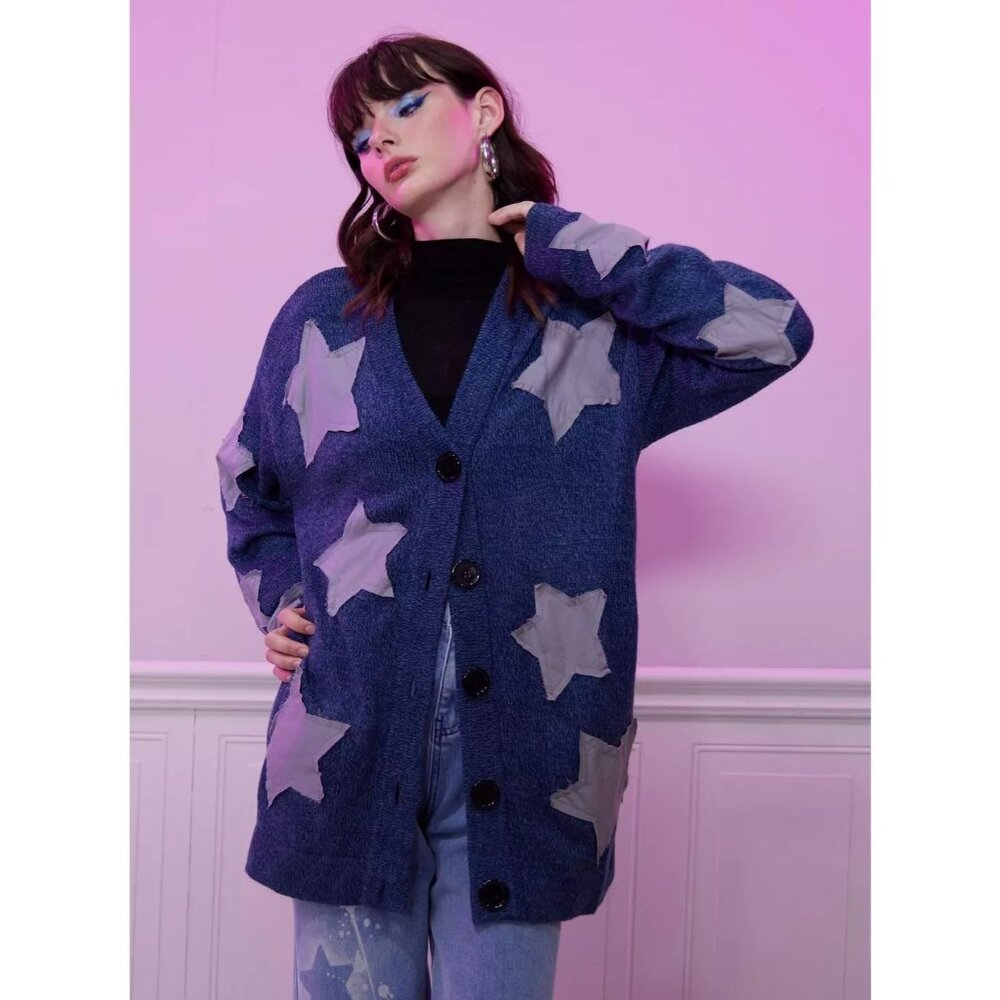 Coraline x Hot Topic Star Patchwork Junior Large Oversized Cardigan Sweater Blue - Picture 1 of 9